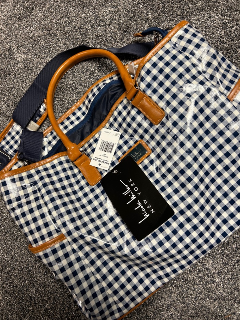 Nicole Miller Navy Gingham Tote with Tan Trim